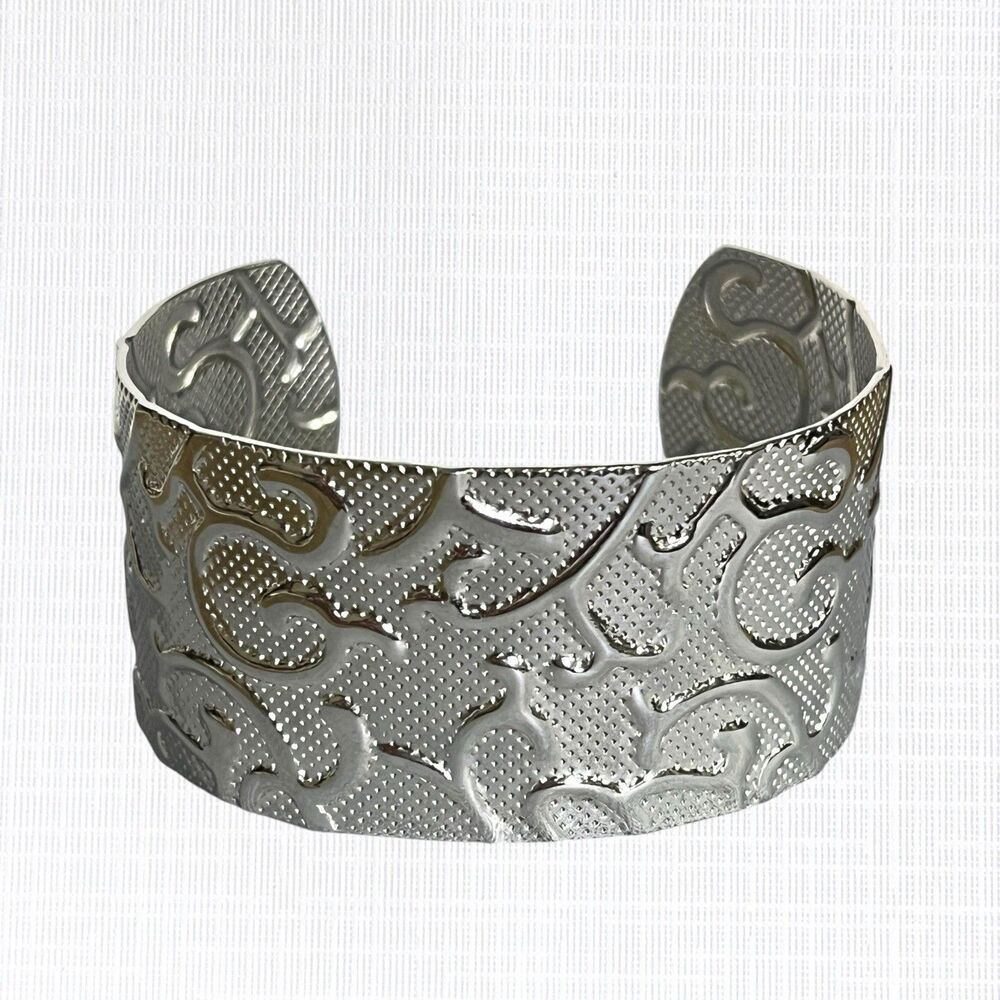 HOB Textured Cuff Bracelet Vines Scrollwork Silver Tone Stainless Steel Wide